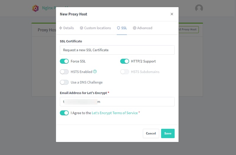 Mục SSL Certificate: chọn Request a new SSL Certificate, chọn thêm Force SSL, HTTP/2 Support, Điền email, chọn I Agree to ... và bấm Save