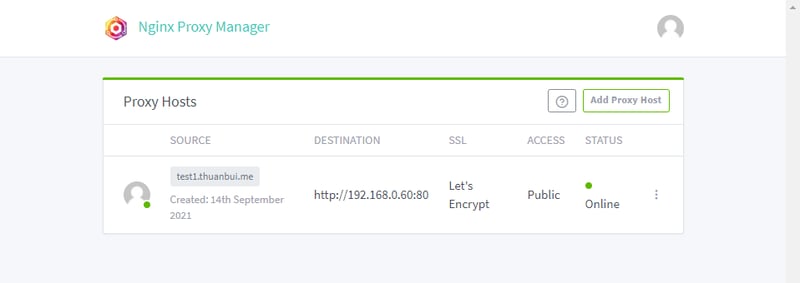 Tạo Proxy Host kèm chứng chỉ SSL thành công