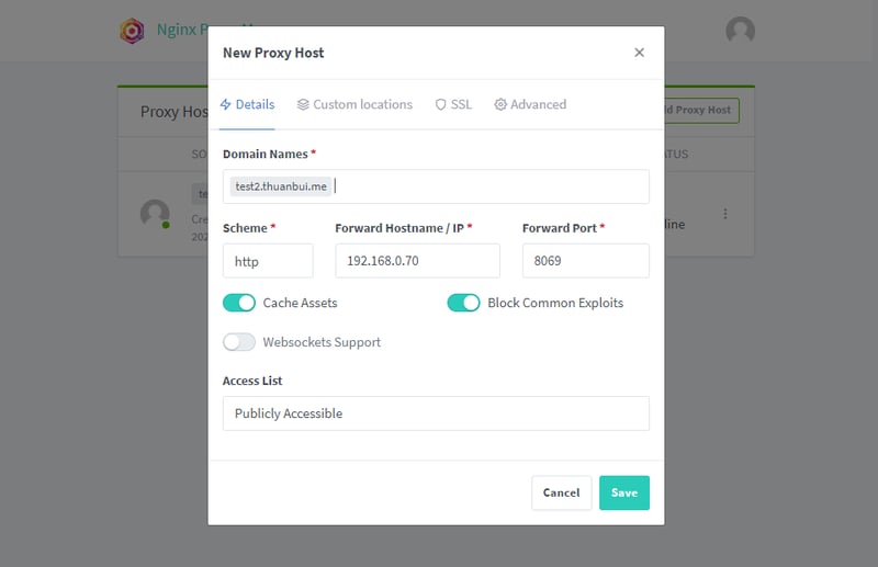 Tạo Proxy Host mới cho tên miền test.thuanbui.me