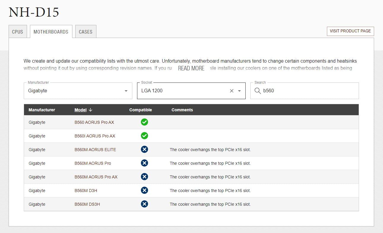 Tản nhiệt Noctua NH-D15 không tương thích với một loạt mainboard B560M của Gigabyte