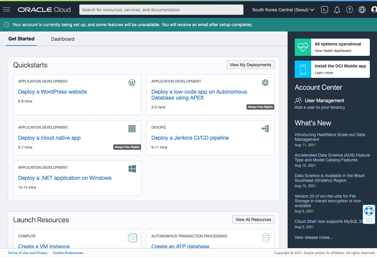 Dashboard của Oracle Cloud sau khi đăng ký tài khoản. Tài khoản vẫn đang chờ được thiếp lập đầy đủ.