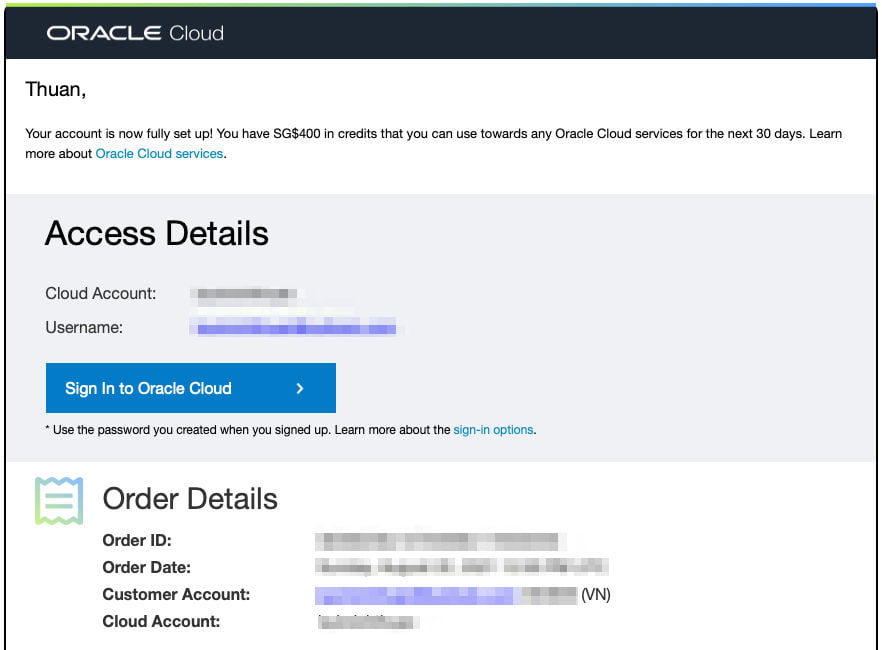 Email thông báo tài khoản đã thiết lập hoàn tất