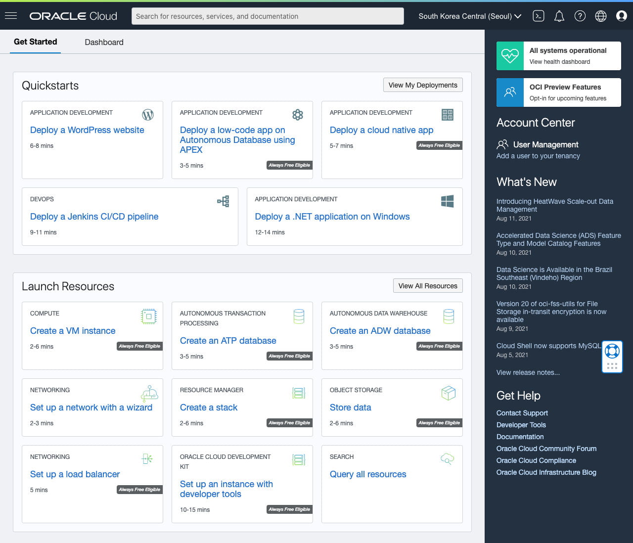 Đăng nhập thành công vào Dashboard của Oracle Cloud