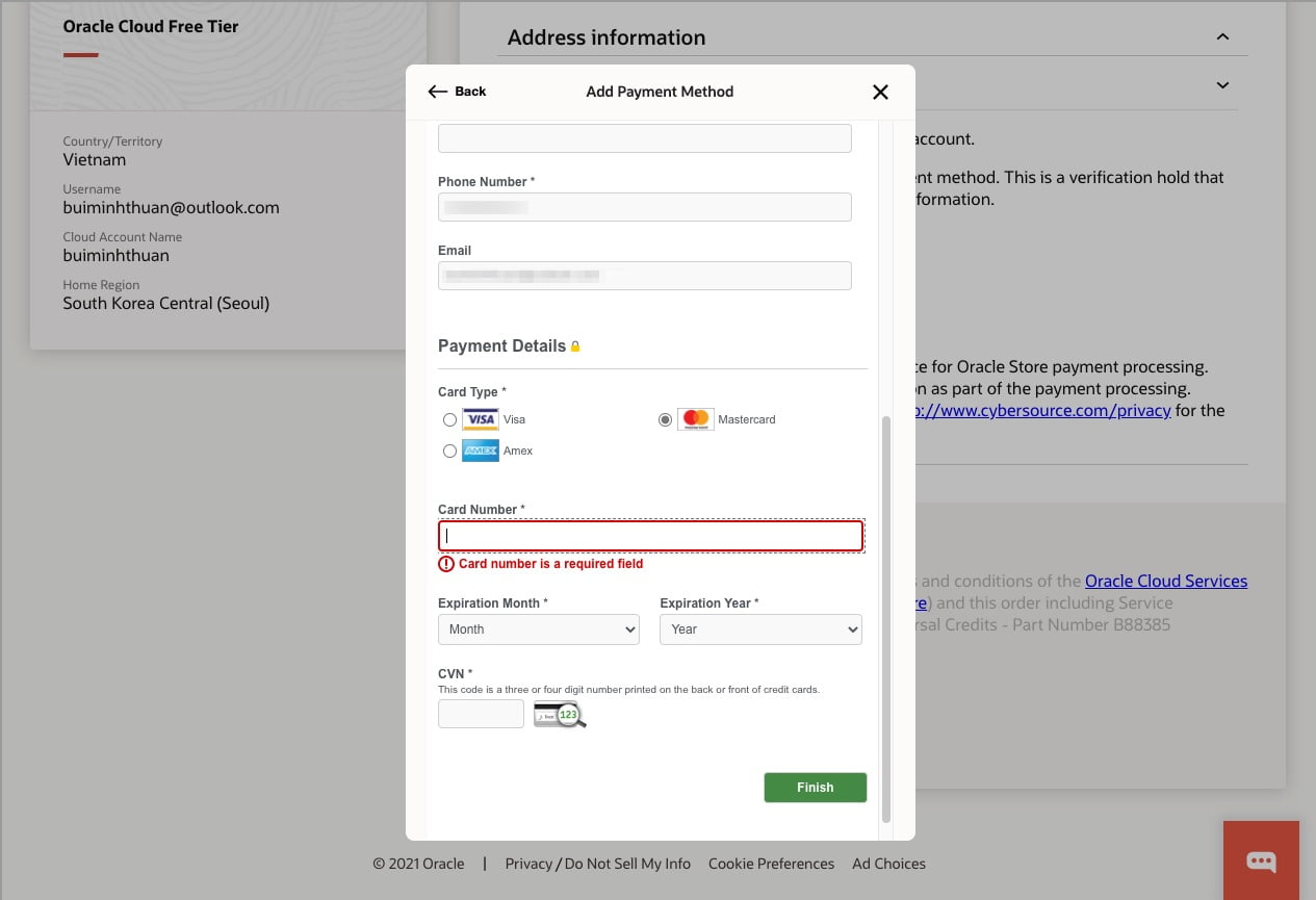 Nhập thông tin thẻ tín dụng và bấm nút Finish
