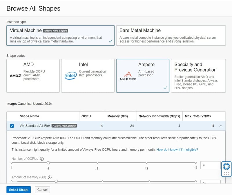 Với máy ảo Ampere, bạn có lựa chọn VM.Standard.A1.Flex có thể cấu hình từ 1 OCPU - 6GB RAM lên đến 4 OCPU - 24GB RAM