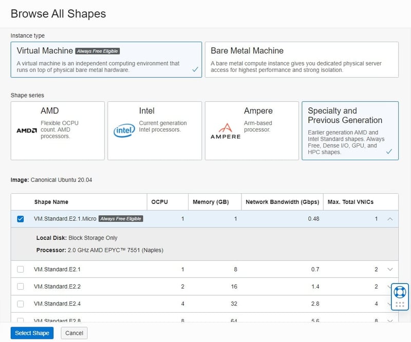 Với máy ảo Specialty, có 1 mục với tên gọi VM.Standard.E2.1.Micro được gắn nhãn Always Free Eligible để bạn chọn