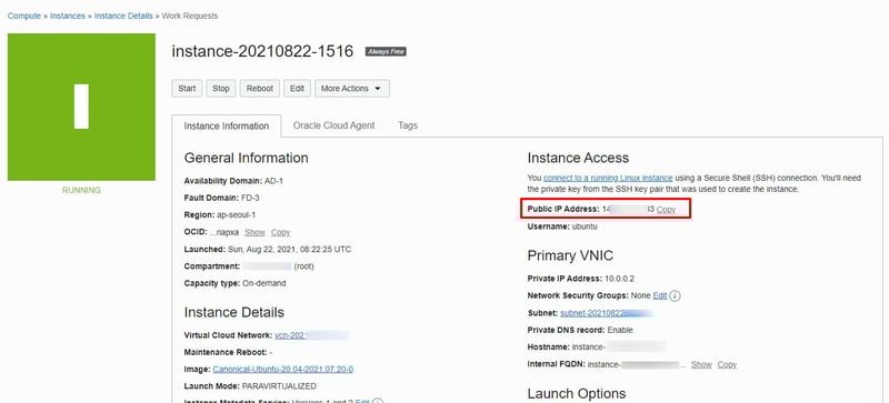Máy ảo đã thiét lập thành công trên Oracle Cloud. Chú ý mục Public IP Address: đây là địa chỉ IP của máy ảo để bạn kết nối SSH đến để thiết lập.