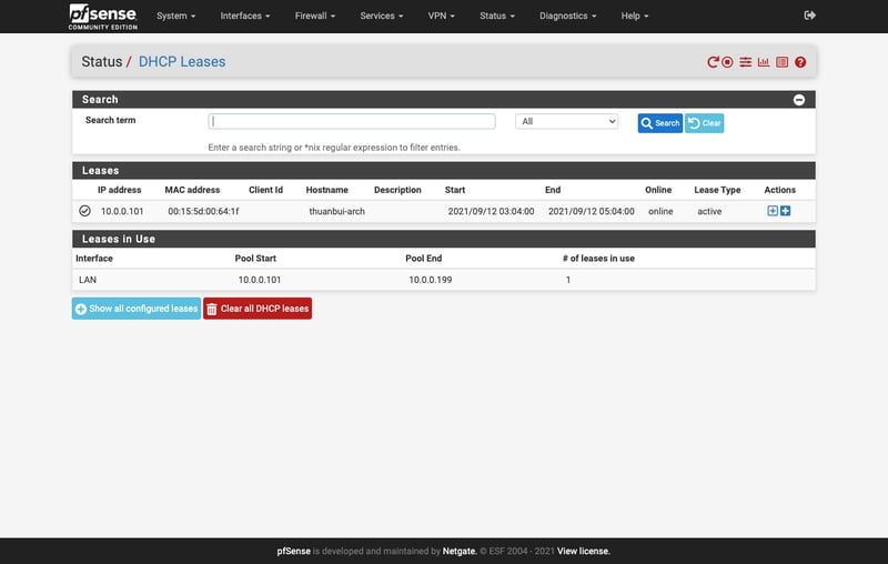Trong danh sách hiện ra IP Address của máy ảo Arch Linux đang kết nối vào mạng LAN, cùng các thông số Hostname, MAC address