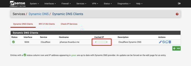 Tạo Dynamic DNS Client thành công cho tên miền pfsense.thuanbui.me