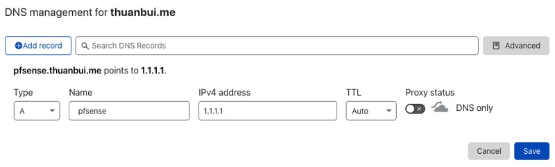 Mình tạo tên miền pfsense.thuanbui.me, tạm thời trỏ về 1.1.1.1