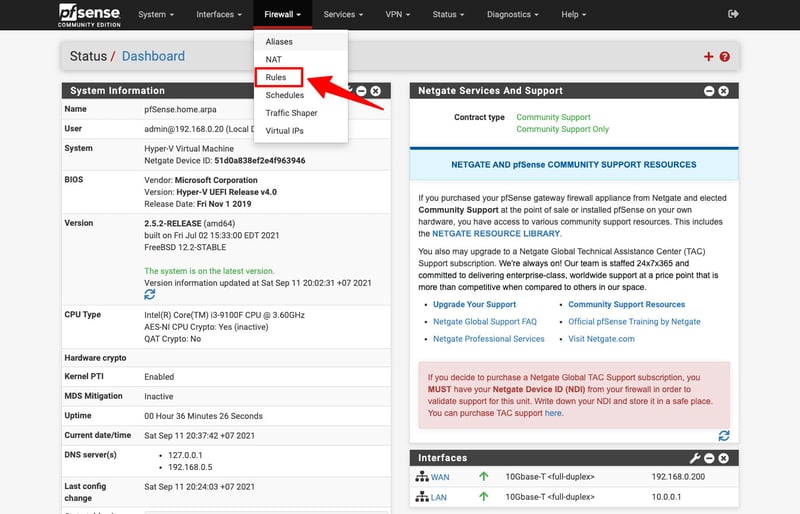 Bấm vào Firewall trên Menu, chọn Rules