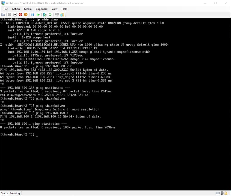 Máy ảo Arch Linux trong mạng LAN của PPPoE Client không truy cập dược Internet