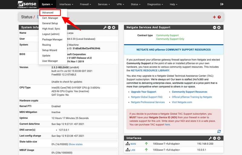 Bấm vào System trên Menu, chọn Advanced