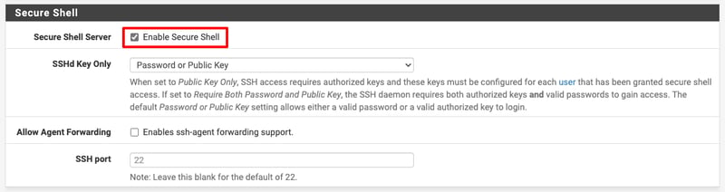 Kéo xuống mục Secure Shell và bấm tick vào ô Secure Shell, sau đó kéo xuống dưới cùng bấm Save để lưu lại.