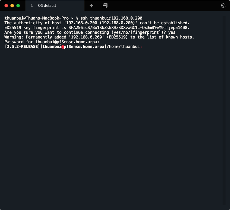 Đăng nhập SSH thành công vào pfSense