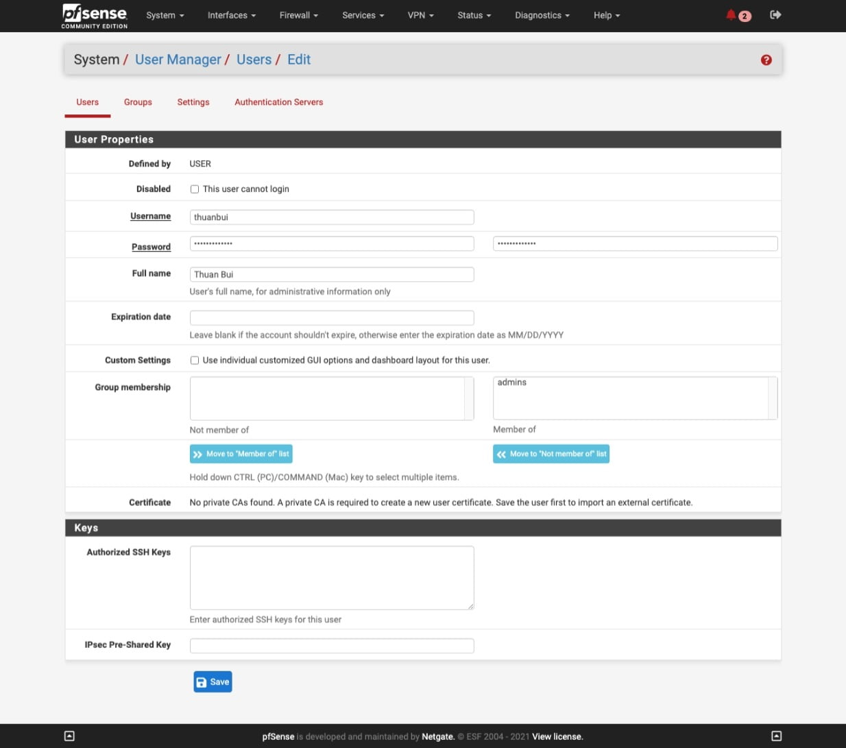 Nhập thông tin Username, Password và chỉnh Group membership: Member of admins và bấm Save để lưu lại
