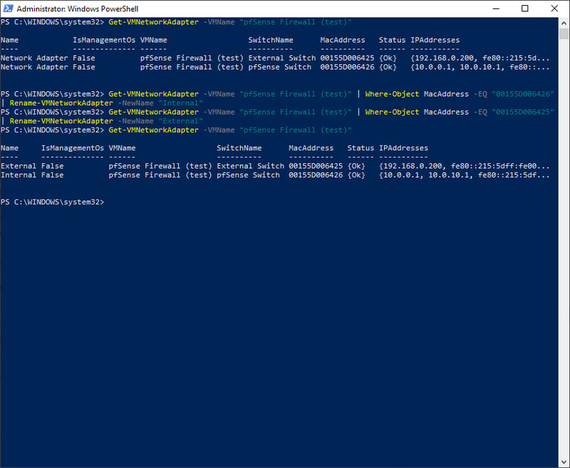 2 Network Adapter đã đổi tên thành External và Internal