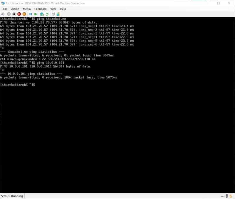 Máy ảo Arch Linux 2 có thể Ping ra Internet, nhưng không thể Ping qua máy ảo Arch Linux trong mạng LAN
