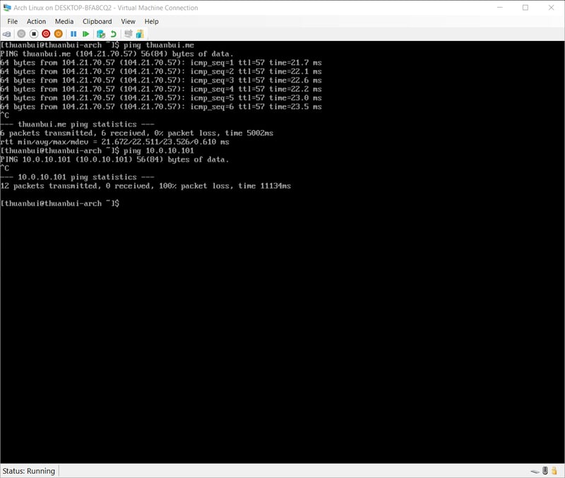 Kiểm tra lại trên máy ảo Arch Linux: không thể ping đến VLAN10