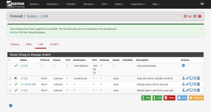 Tạo thêm Firewall Rule chặn kết nối đến VLAN10