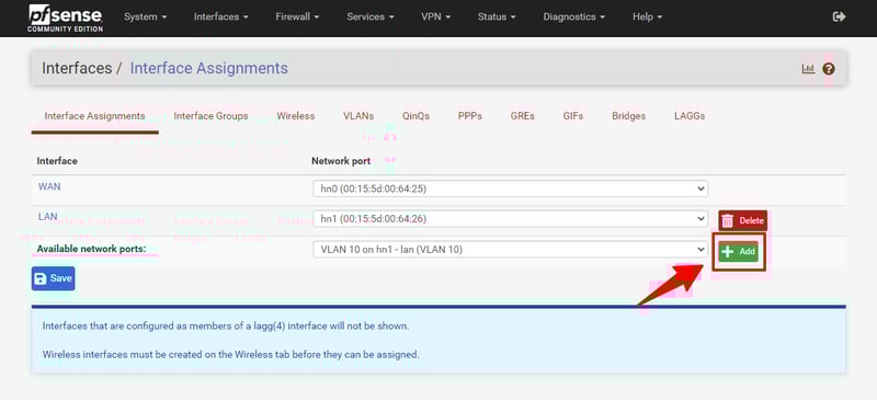 Bấm vào nút Add bên cạnh VLAN 10 để tạo VLAN Interface