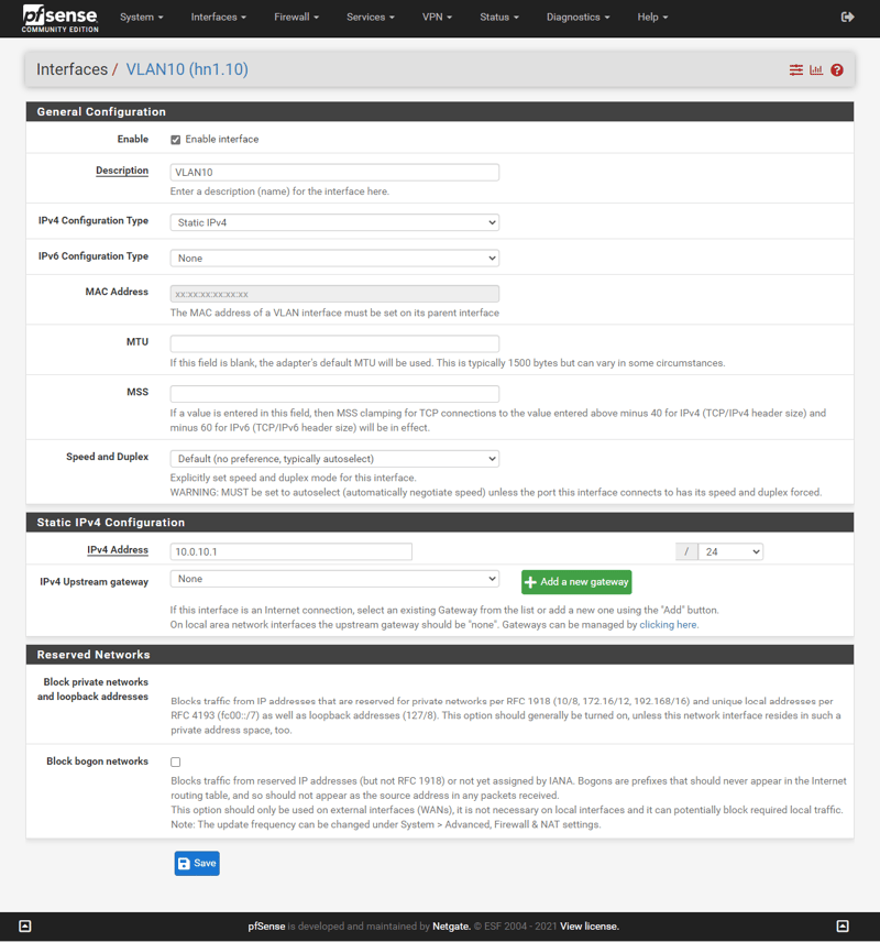 Thiết lập thông số cho VLAN 10