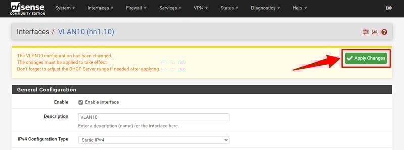 Bấm Apply Changes để kích hoạt VLAN 10.