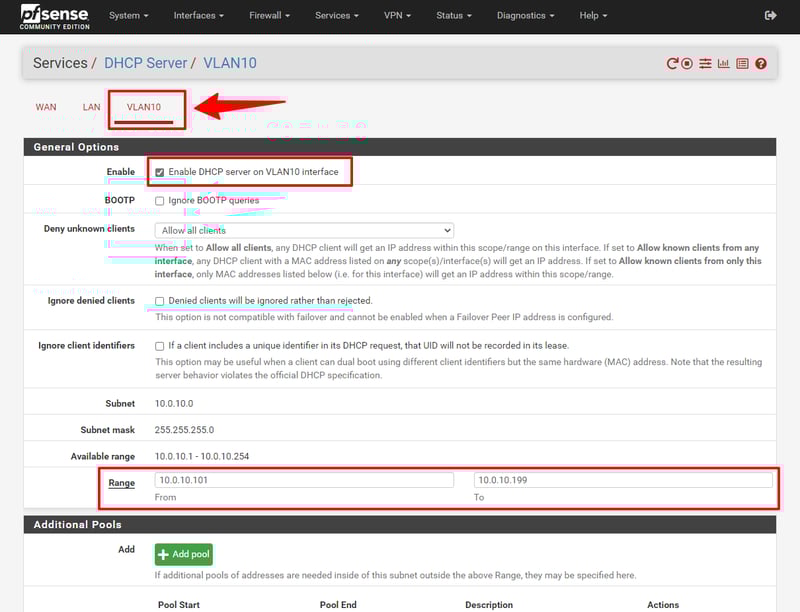 Cấu hình DHCP Server cho VLAN 10