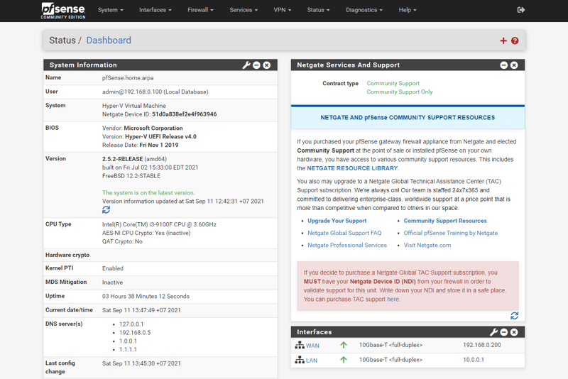 Giao diện chính của pfSense