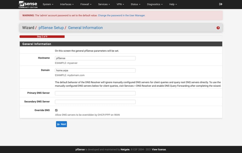 Thiết lập Hostname, Domain, DNS Server rồi bấm Next