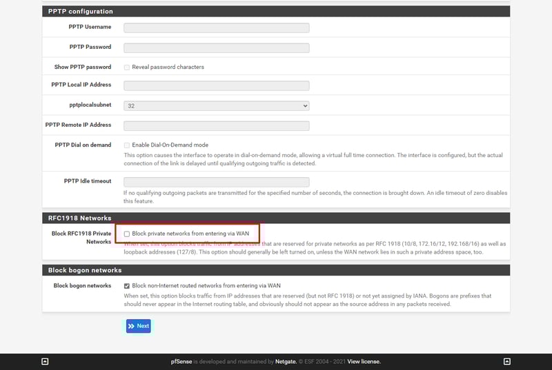 Bỏ chọn mục Block RFC1918 Private Networks