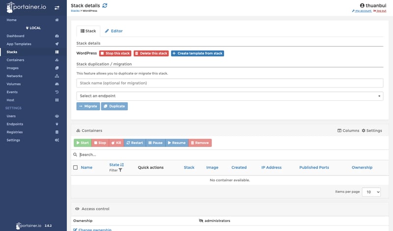 Bấm Stop this stack để tắt WordPress, bấm tiếp Delete this stack nếu muốn xoá
