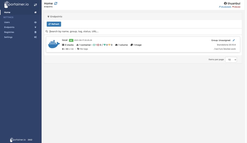 Giao diện Dashboard của Portainer