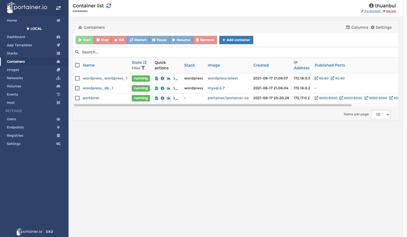 Containers: có thêm 2 container wordpress_wordpress và wordpress_db bên cạnh container của portainer