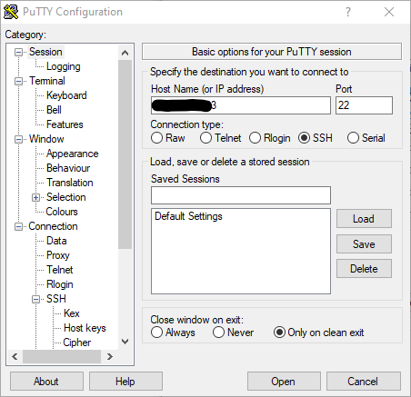 Mở Terminal. Điền địa chỉ IP của máy ảo vào ô Host Name, chọn Connection Type: SSH
