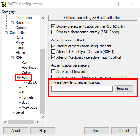 Bên cột trái, kéo xuống mục Connection -> SSH -> Auth, bấm Browse để chọn SSH Private Key bạn đã lưu trước đó khi tạo SSH Key. Sau đó bấm Open để kết nối đến máy ảo.