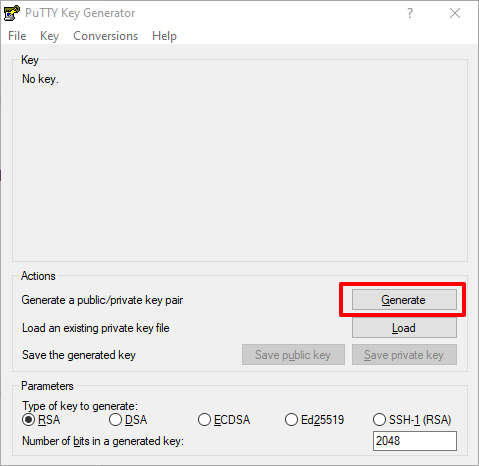 Mở Putty Key Generator, bấm vào nút Generate để khởi tạo SSH Key