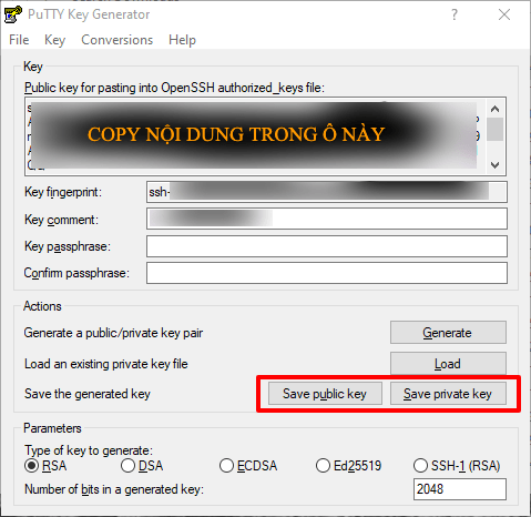 Bạn copy toàn bộ nội dung trong ô Key ở trên cùng.Sau đó bấm nút Save Pubic Key, Save Private Key để tải key về máy
