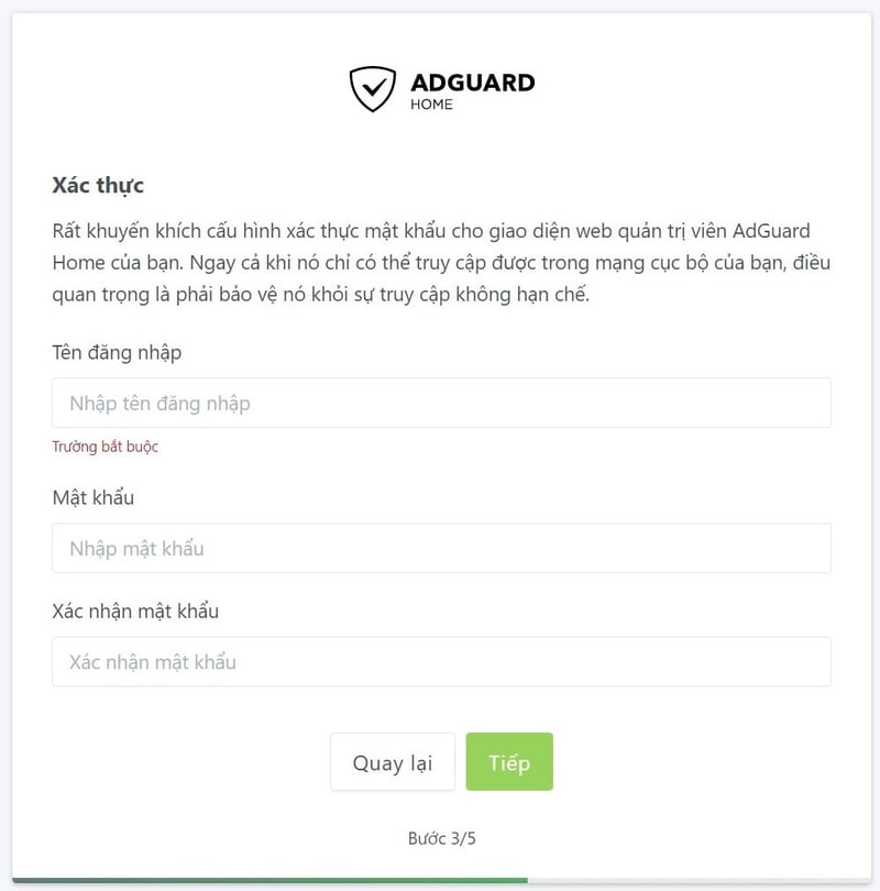 Thiết lập tên đăng nhập và mật khẩu