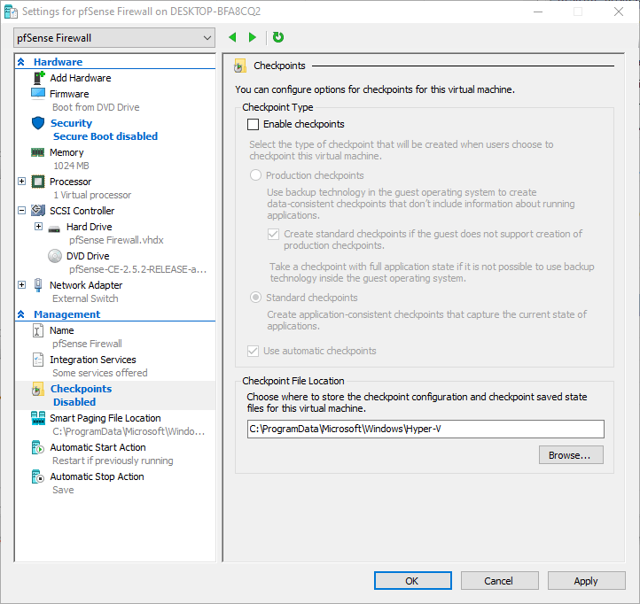 Bỏ chọn mục Enable checkpoints