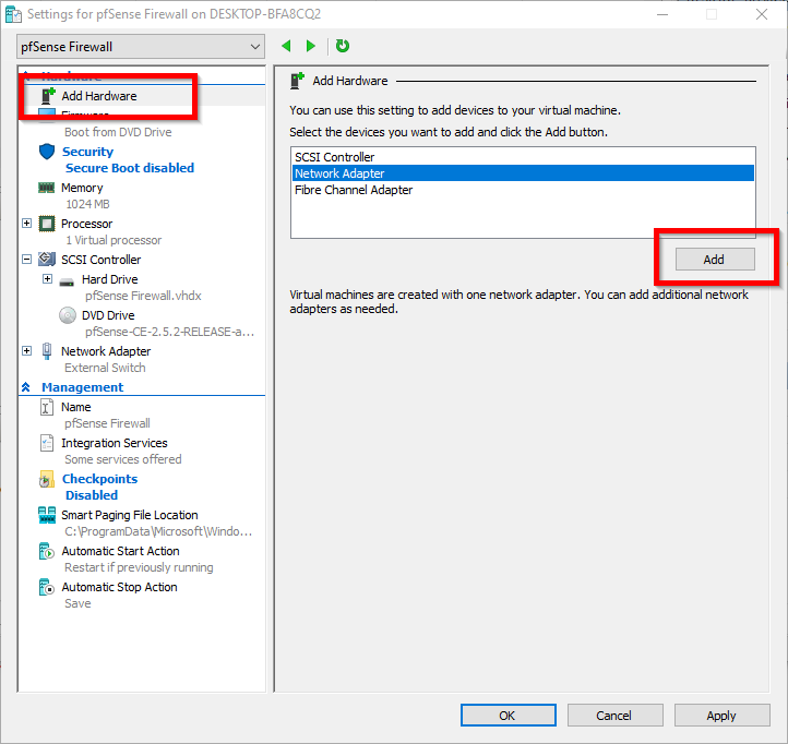 Bấm vào Add Hardware, chọn Network Adapter và bấm Add