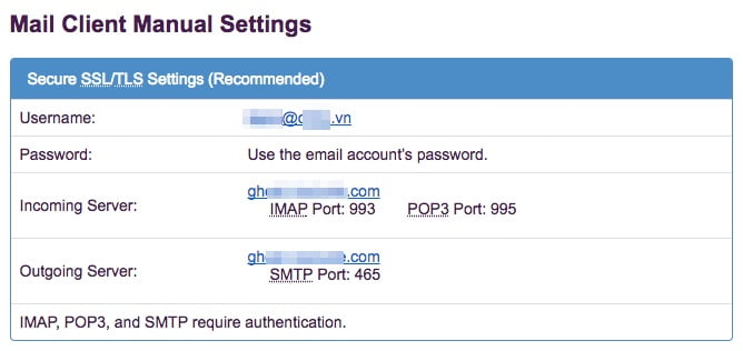 Thông tin cài đặt email