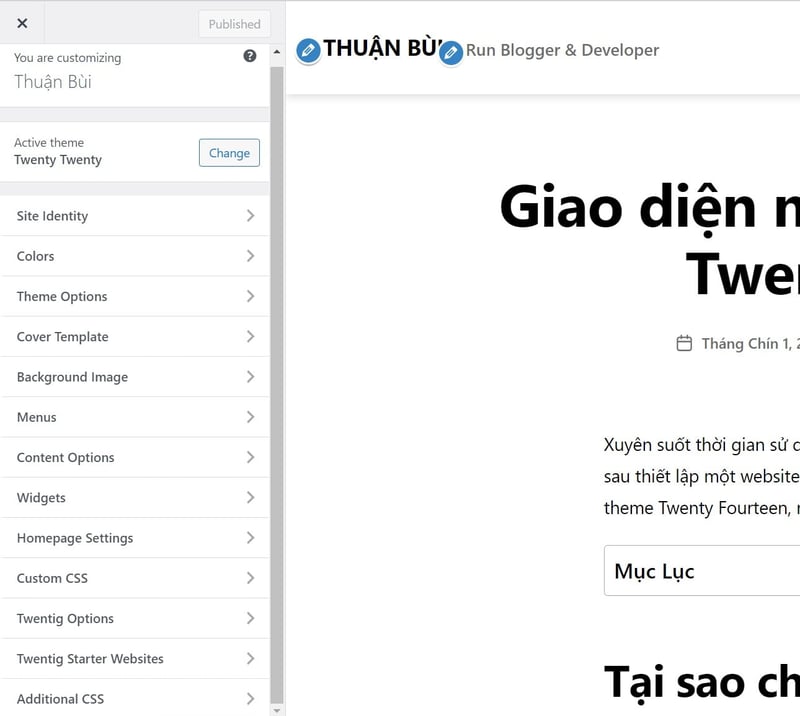 Tuỳ biến giao diện của Twenty Twenty bằng Customizer