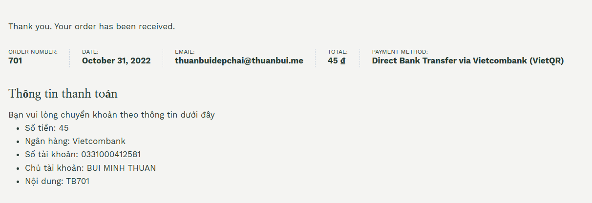Thông tin thanh toán hiện ra trên trang Thank you