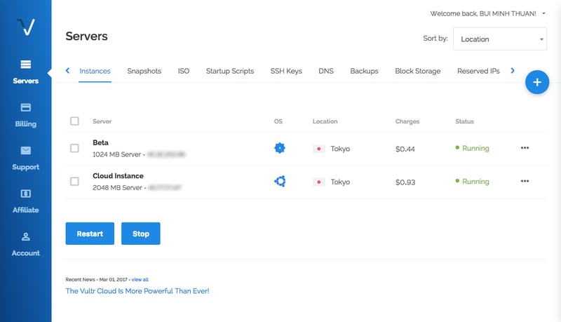 Giao diện quản lý của Vultr