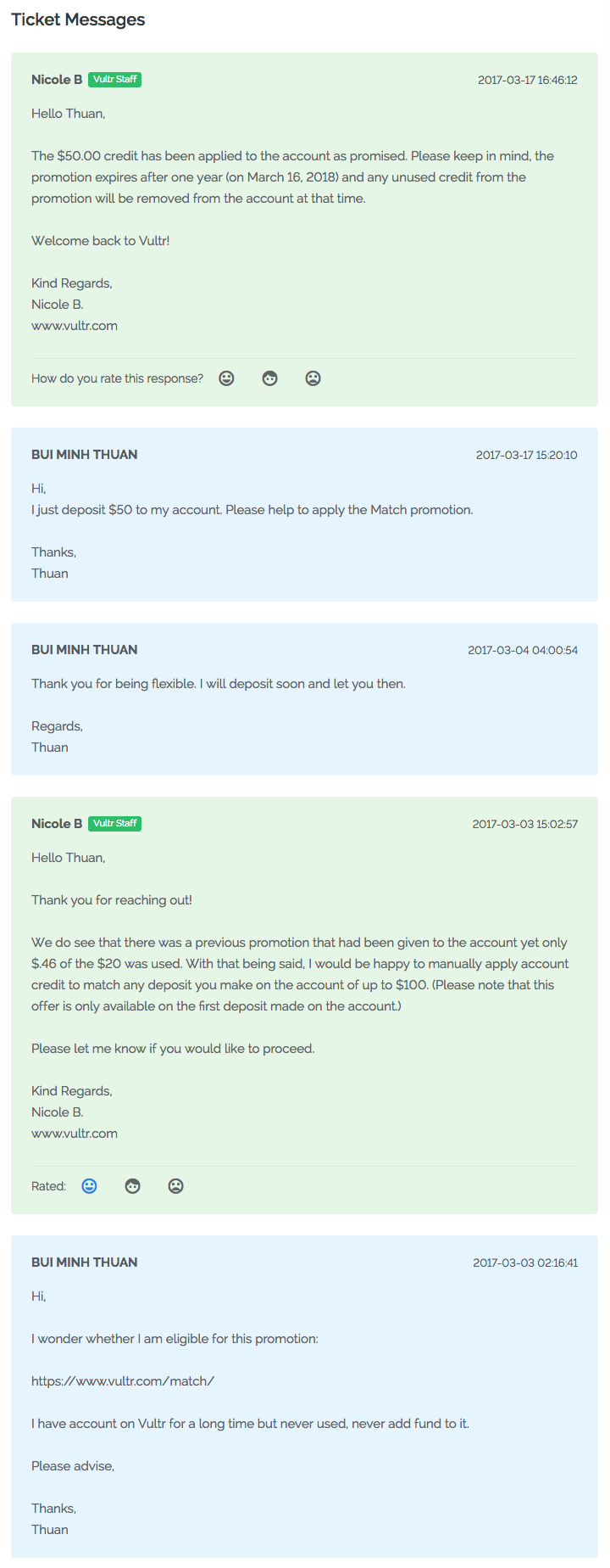 Chi tiết trao đổi giữa mình và Vultr về việc tham gia chương trình nhân đôi tài khoản