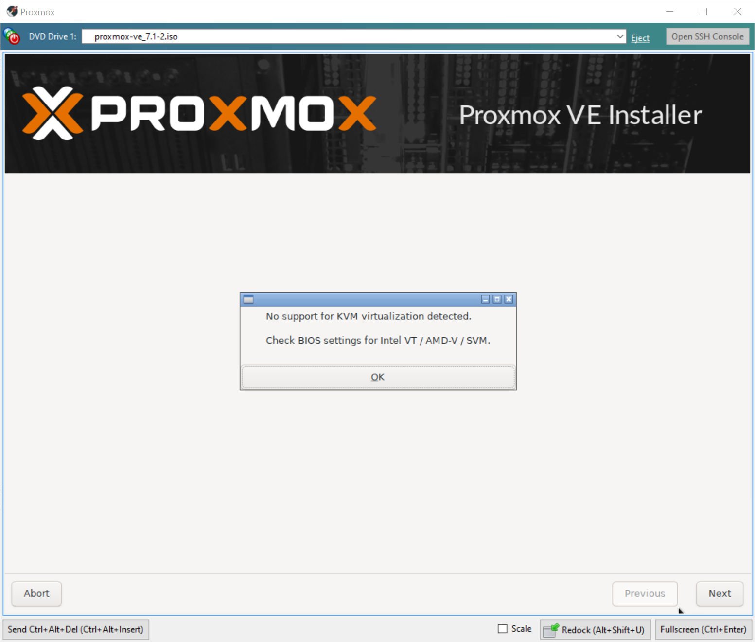 Proxmox báo lỗi không hỗ trợ KVM do máy ảo chưa được kích hoạt tính năng Nested Virtualization trên XCP-ng.