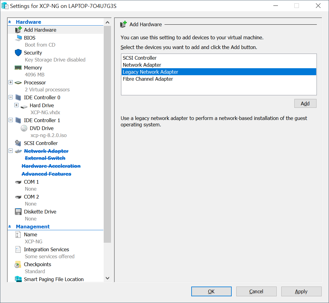 Bấm vào Add Hardware bên trái, sau đó chọn Legacy Network Adapter và bấm Add